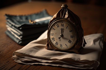 a close-up of a neatly folded napkin on a wooden table, with an old-fashioned clock in the background, created with generative aiの素材