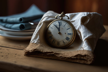 a close-up of a neatly folded napkin on a wooden table, with an old-fashioned clock in the background, created with generative aiの素材