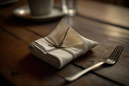 a close-up of a napkin, neatly folded on a wooden table in an intimate setting, created with generative aiの素材