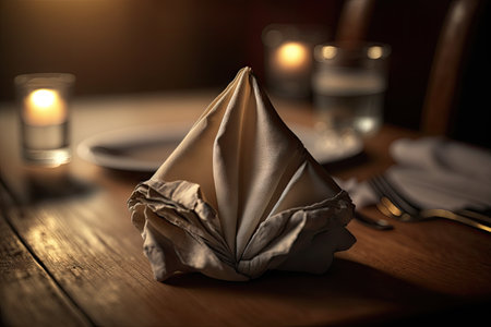 a close-up of a napkin, neatly folded on a wooden table in an intimate setting, created with generative aiの素材