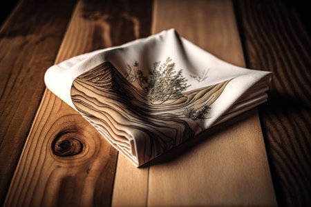 a napkin on a wooden table with a close-up of the grainy texture and natural patterns in the wood, created with generative aiの素材
