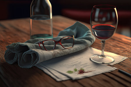 close-up of a napkin on a wooden table with glasses and bottles of red wine, created with generative aiの素材