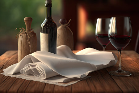 close-up of a napkin on a wooden table with glasses and bottles of red wine, created with generative aiの素材