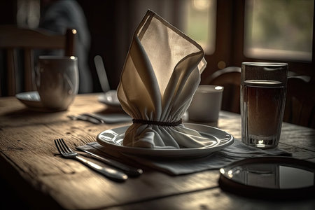 close-up of a napkin on a wooden table, with silverware and glasses in the background, created with generative aiの素材