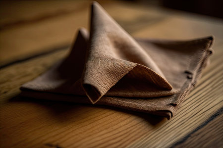 a close-up of a napkin on a wooden table with the texture and grain of the wood visible, created with generative aiの素材