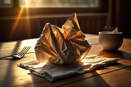 a close-up shot of a crumpled napkin on a wooden table, with sunlight streaming in through the window, created with generative aiの素材