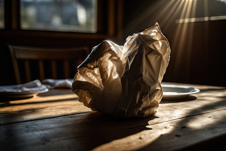 a close-up shot of a crumpled napkin on a wooden table, with sunlight streaming in through the window, created with generative aiの素材