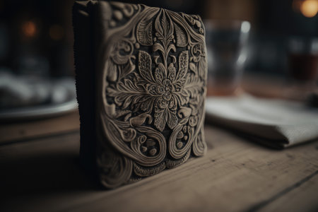 a close-up of a napkin on a wooden table, featuring intricate patterns and textures., created with generative aiの素材