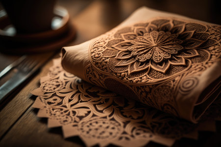 a close-up of a napkin on a wooden table, featuring intricate patterns and textures., created with generative aiの素材