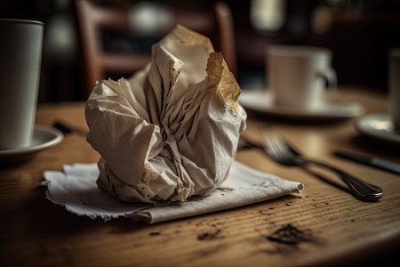 a close-up of a crumpled napkin on a wooden table in the cafe., created with generative aiの素材
