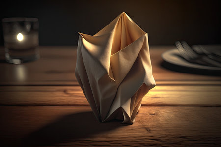 a close-up of a folded napkin on a wooden table with light reflecting off the wood., created with generative aiの素材