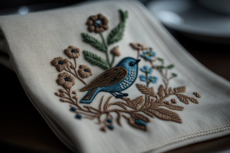 a close-up of a napkin with the intricate details in the embroidery on it, created with generative aiの素材