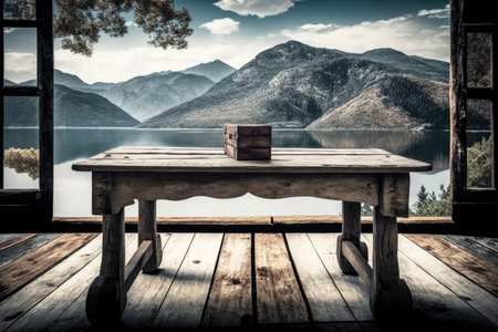 a rustic wooden table on a patio, with a view of the lake and mountains in the background., created with generative aiの素材