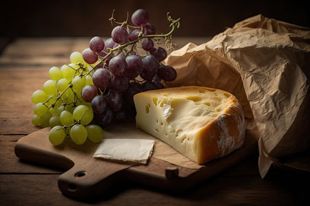 a close-up of a napkin on a wooden table with fresh bread, cheese and grapes, created with generative aiの素材