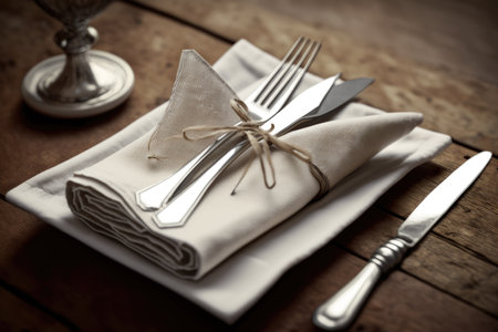 close-up of a neatly arranged napkin on a wooden table with silverware, created with generative aiの素材