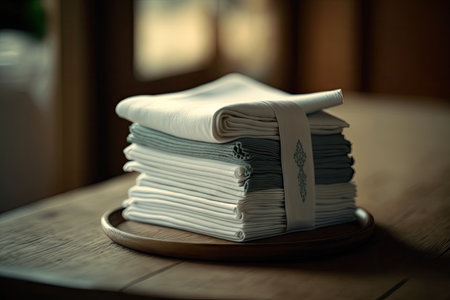 a close-up of a neatly stacked pile of napkins on a wooden table, with one slightly askew, created with generative aiの素材