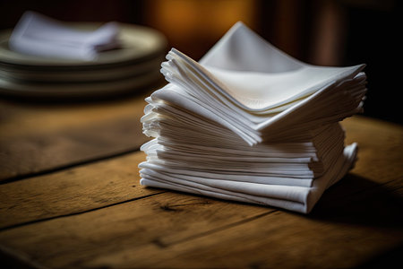 a close-up of a neatly stacked pile of napkins on a wooden table, with one slightly askew, created with generative aiの素材