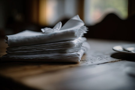 a close-up shot of a stack of napkins on a wooden table, with the edges slightly frayed., created with generative aiの素材