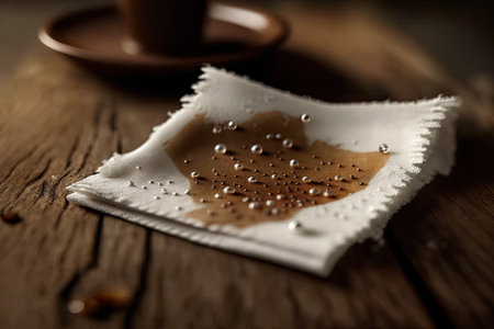 a close-up shot of a napkin on a wooden table, with drops of water and small pieces of ice melting from the edges., created with generative aiの素材