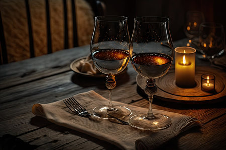 a napkin placed on a wooden table with glasses of wine and candlelight., created with generative aiの素材