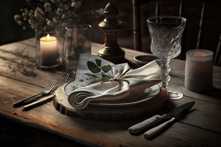 a napkin on a wooden table with glasses and plates, setting for a cozy dinner, created with generative aiの素材
