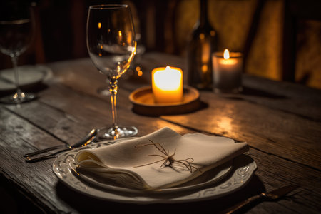 a shot of a napkin on a wooden table in front of an empty plate, with candles and wine glasses nearby, created with generative aiの素材