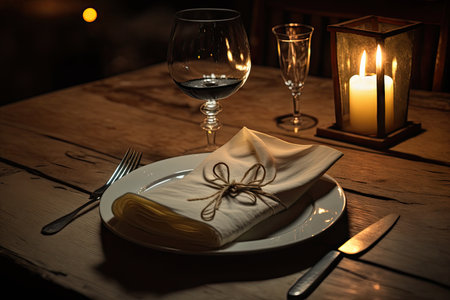 a shot of a napkin on a wooden table in front of an empty plate, with candles and wine glasses nearby, created with generative aiの素材