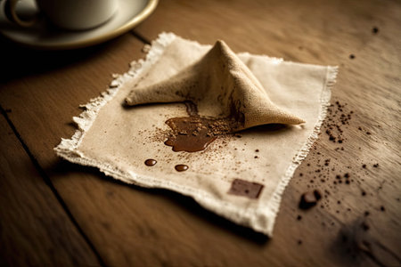 a close-up of a napkin on a wooden table, with food stains and crumbs visible., created with generative aiの素材
