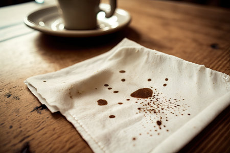 a close-up of a napkin on a wooden table, with food stains and crumbs visible., created with generative aiの素材