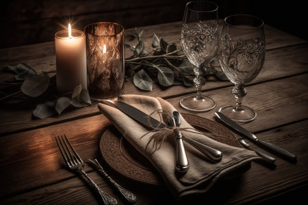 a napkin on a wooden table with a vintage cutlery set, glasses and candles for romantic evening, created with generative aiの素材