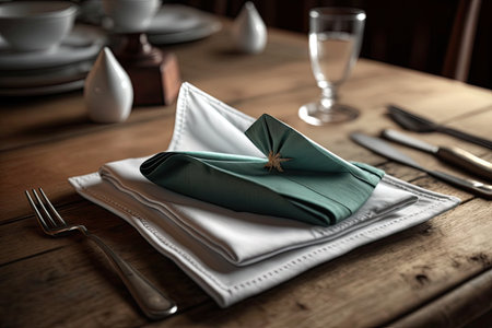 a close-up of a neatly folded napkin on a wooden table, with matching placemats and tableware, created with generative aiの素材