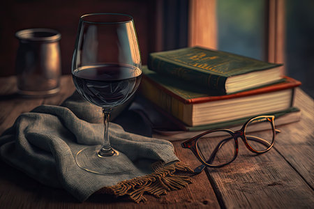 a napkin on a wooden table with books and glasses of wine, created with generative aiの素材