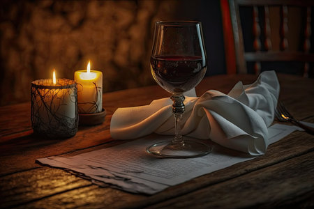 a napkin on a wooden table with a glass of wine and candle in the background, created with generative aiの素材