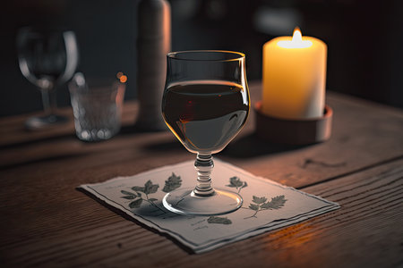 a napkin on a wooden table with a glass of wine and candle in the background, created with generative aiの素材