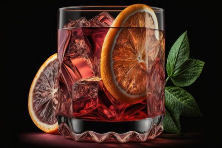 elegant glass with beautiful pink drink in form of negroni cocktail, created with generative aiの素材