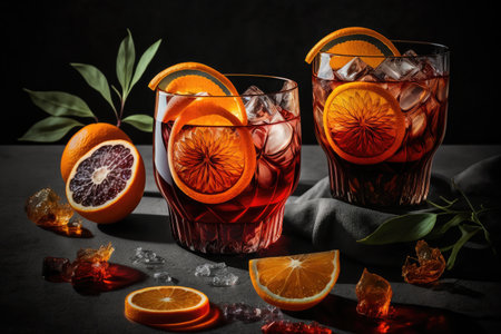 glasses filled with beautiful fruit infused negroni cocktail, created with generative aiの素材