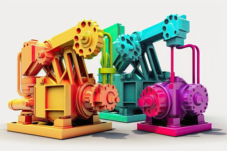 multicolored machine part oil pumps with details isolated on white background, created with generative aiの素材