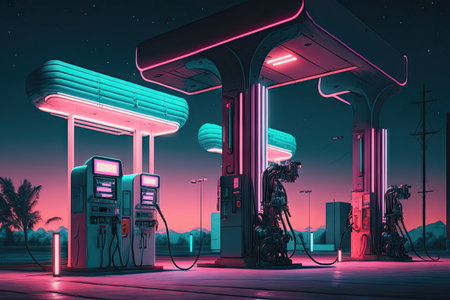oil pumps in large gas station under neon lights, created with generative aiの素材