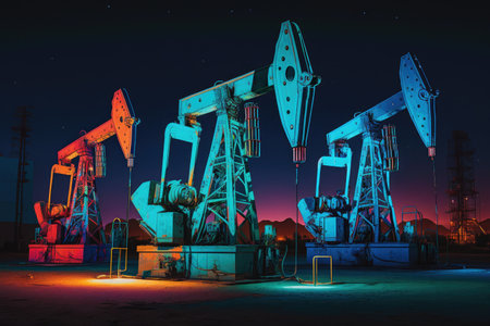 oil pumps in large gas station under neon lights, created with generative aiの素材