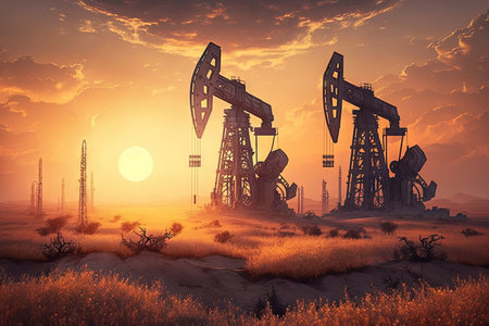 large oil pumps stand on steppe field against background of setting sun, created with generative ai