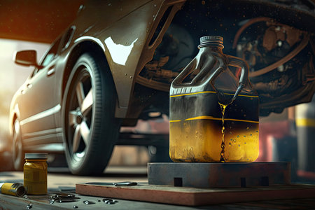 pumping oil into car by hand in garage workshop, created with generative aiの素材