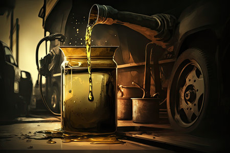 pumping oil into car by hand in garage workshop, created with generative aiの素材