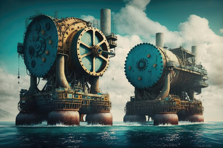 large oil pumps for harvesting fuel from large tanker in harbor, created with generative aiの素材