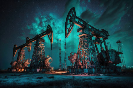 large oil pumps for industry at night, created with generative aiの素材