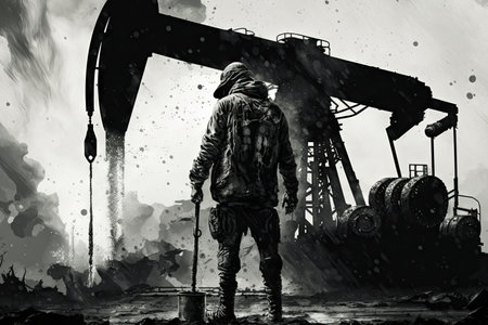 working at petroleum oil pumps extracting black fuel, created with generative aiの素材