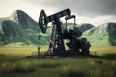 black steel oil pumps stand next to platform in field against background of green hills, created with generative aiの素材