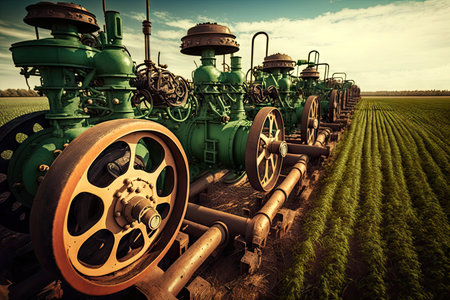 pipes and oil pumps stand in row on tractors of farm in field, created with generative aiの素材
