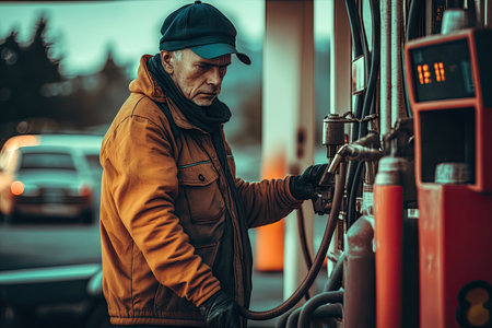 working at oil pumps person operates device to fill gasoline in car, created with generative aiの素材