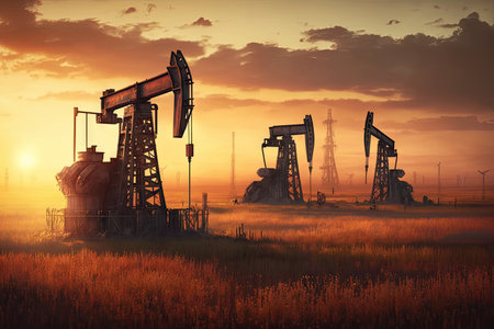 grey metal oil pumps stand in prairie under backdrop of sunset, created with generative aiの素材