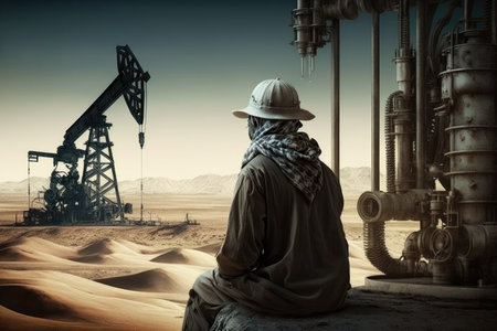 working at oil pumps man watching process of pumping oil, created with generative aiの素材